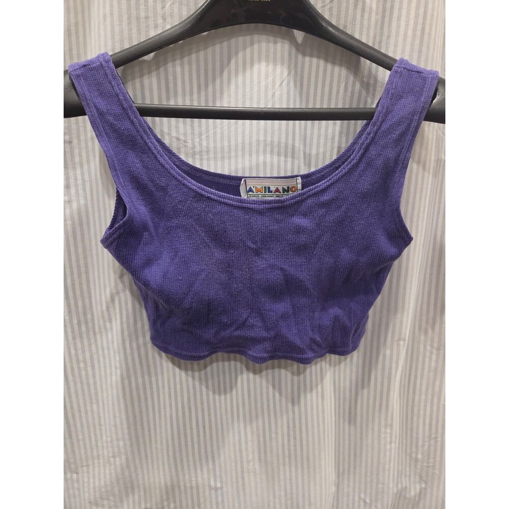Vintage 90s Amilano Paris Purple Ribbed Knit Crop Tank Top Coquette Cotton